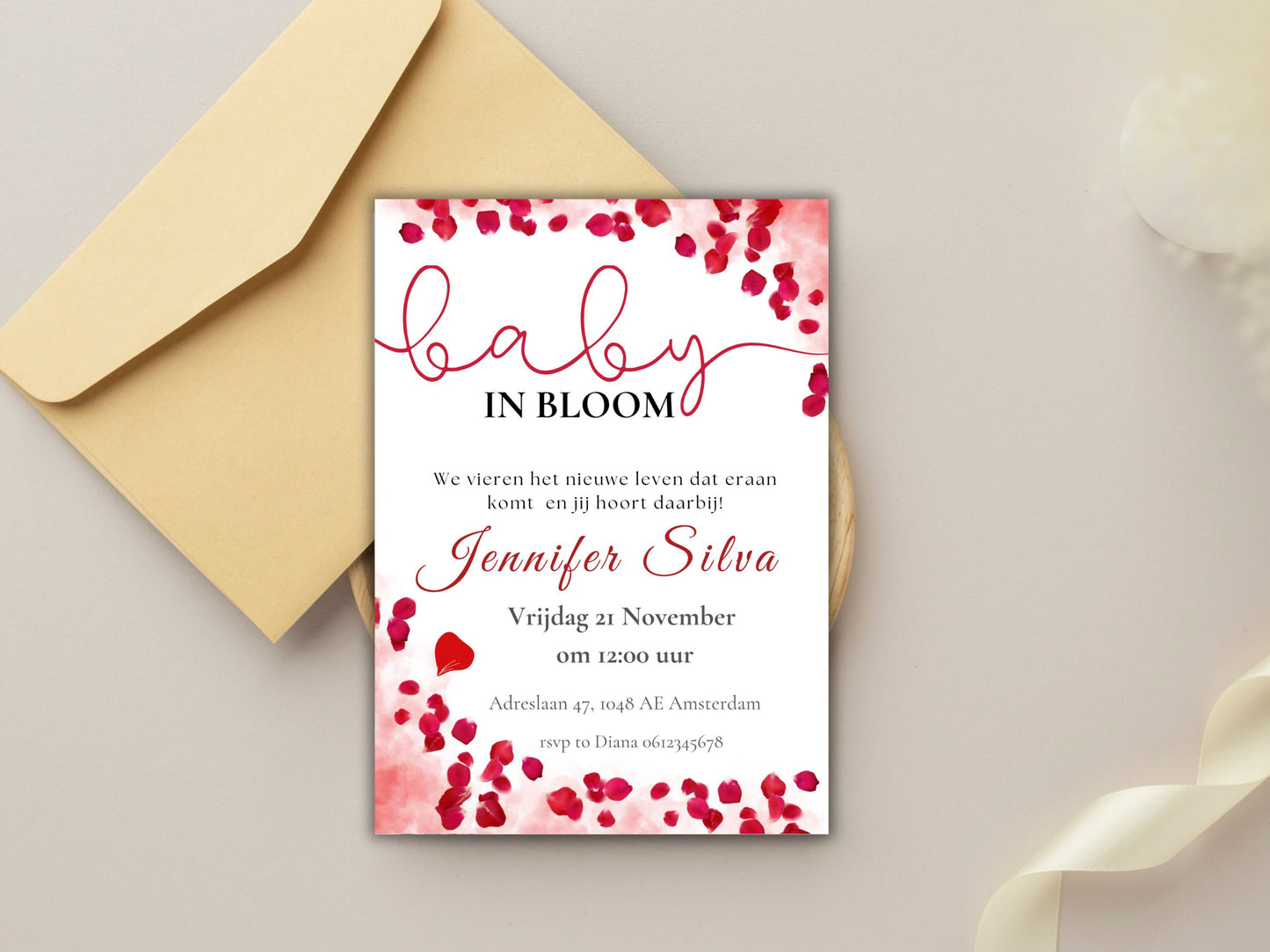 Babyshower uitnodiging Rozen Baby in bloom
