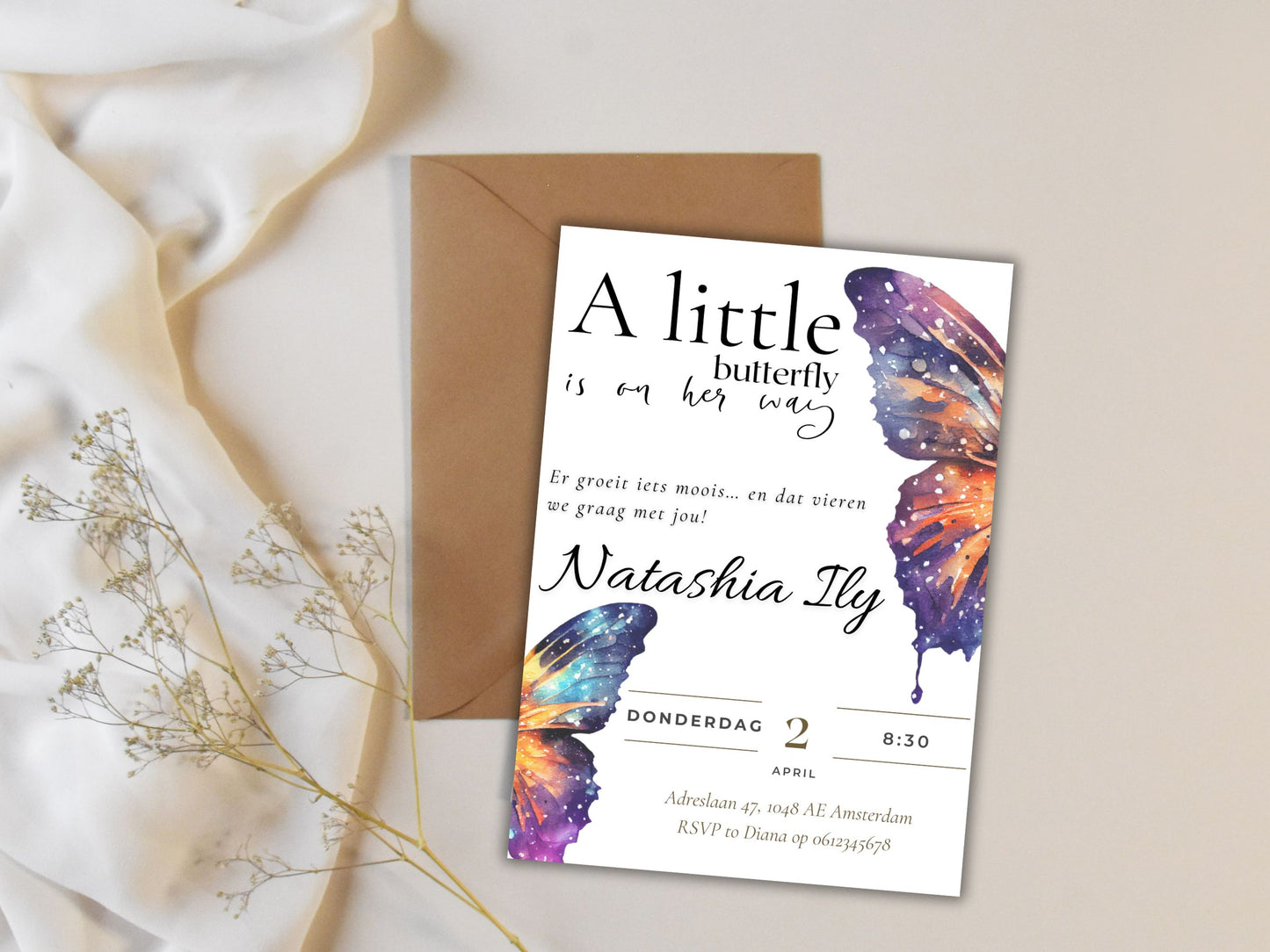 Babyshower uitnodiging A little butterfly on the way