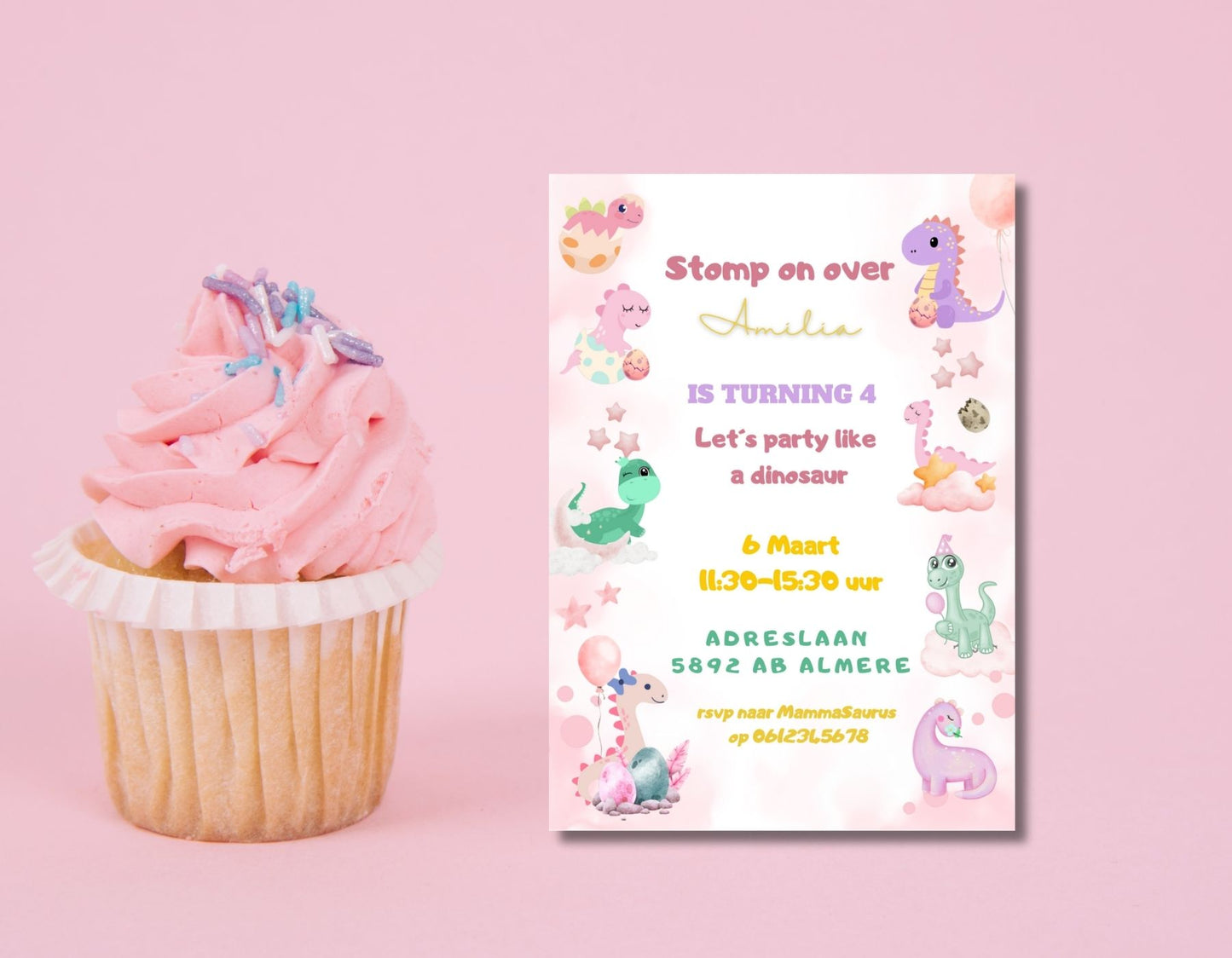 Roze dino uitnodiging