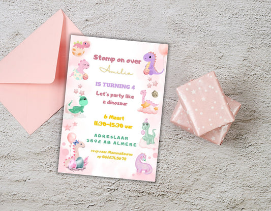 Roze dino uitnodiging
