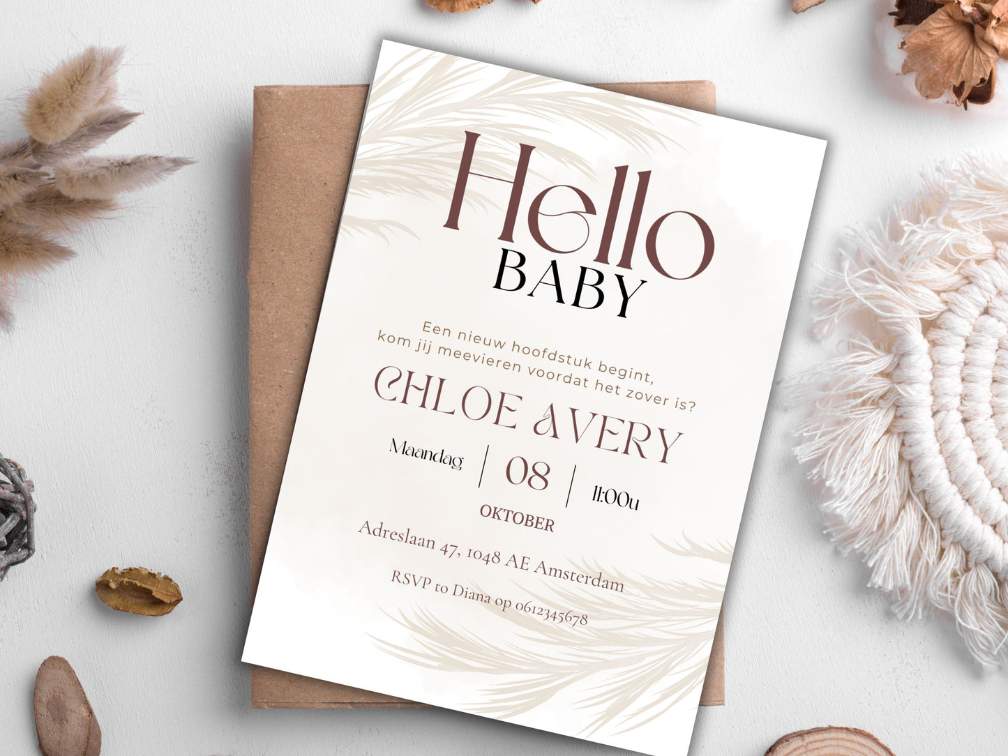 Babyshower/Gender reveal uitnodiging Boho