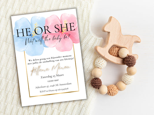 Babyshower uitnodiging Gender Reveal Bloem