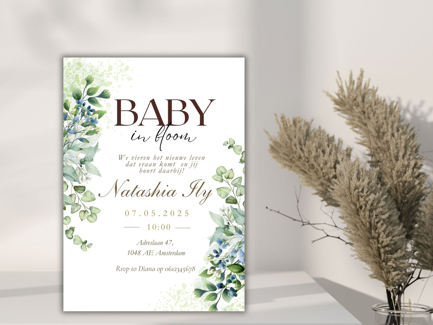 Babyshower uitnodiging botanische