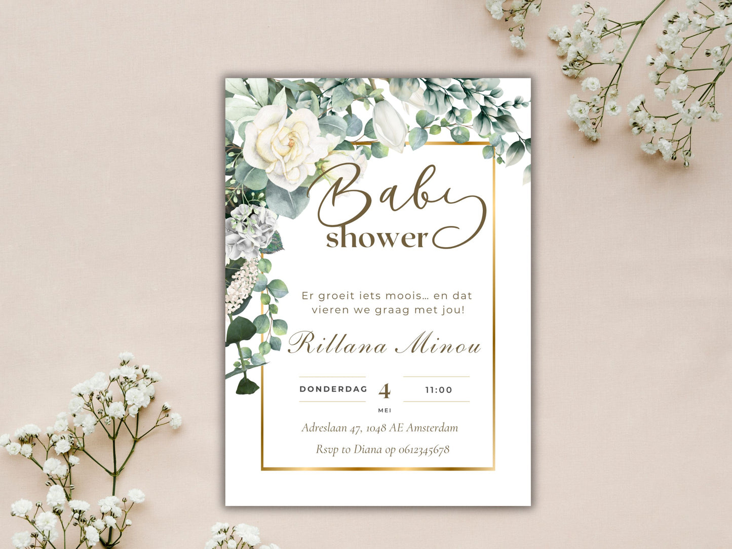 Babyshower uitnodiging botanische