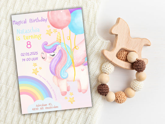 Verjaardags uitnodiging Unicorn Rainbow