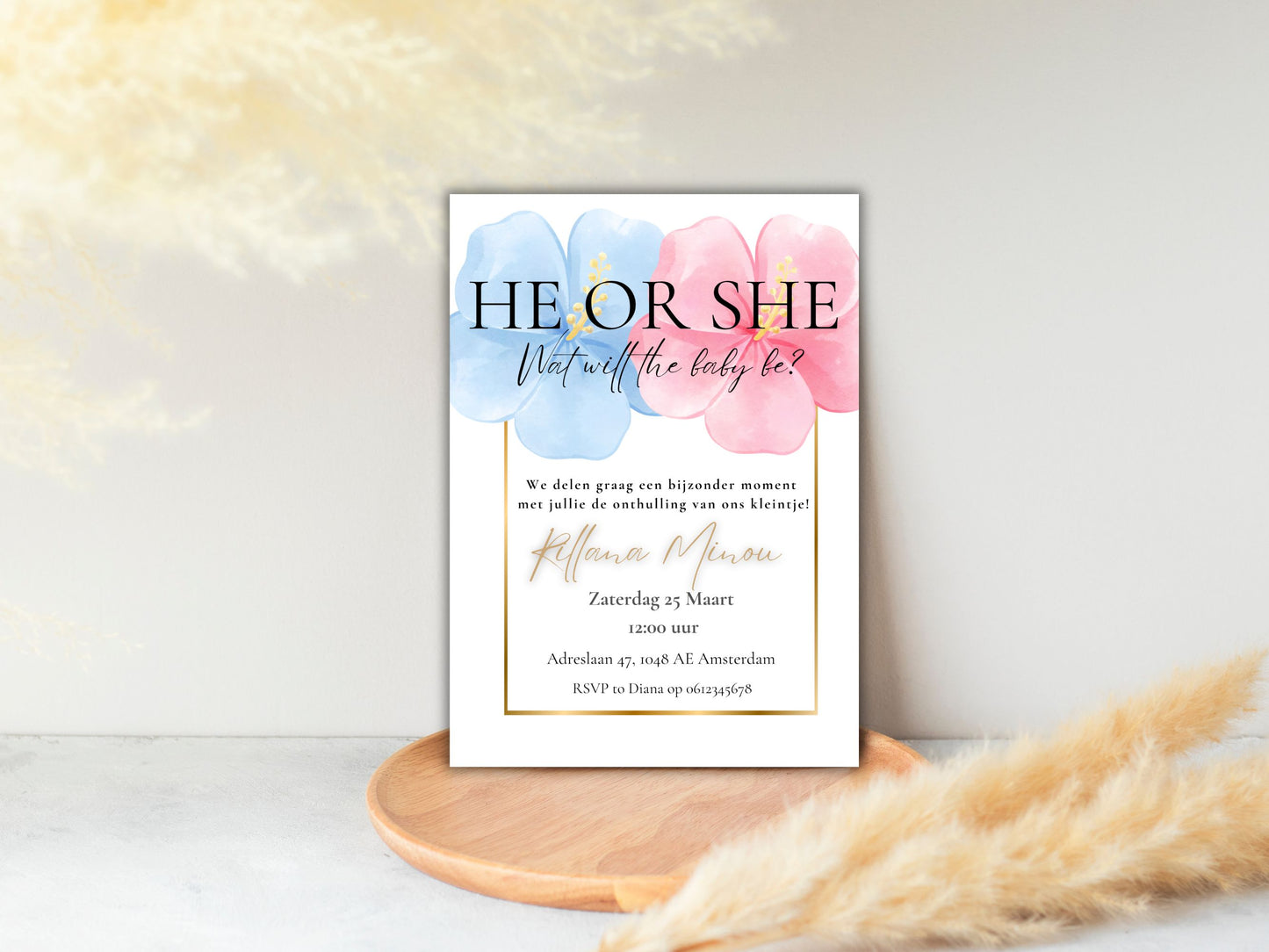 Babyshower uitnodiging Gender Reveal Bloem